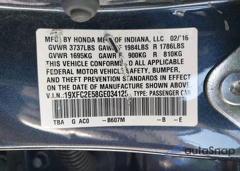 2016 Honda Civic Lx from USA, damaged, VIN 19XFC2E58GE034125